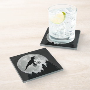 Funny T-Rex Flying on Bicycle with Full Moon Glass Coaster