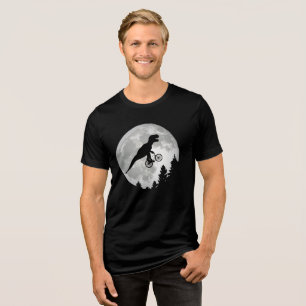 Funny T-Rex Flying on Bicycle with Full Moon Tri-Blend Shirt