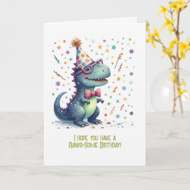 Funny T-Rex Rawr-Some Birthday Card (Yellow Flower)