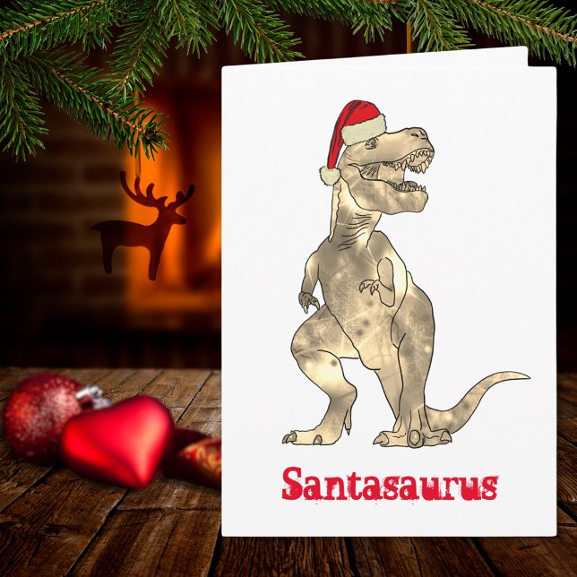 Funny T Rex Santa Christmas Dinosaur Xmas Humour Card (Christmas dinosaur T-Rex Santasaurus funny holiday greetings card)