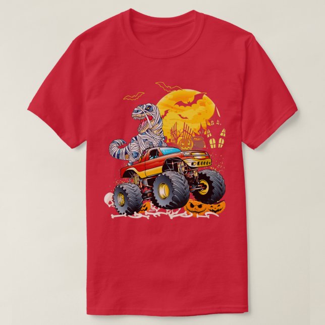 Funny T Rex Saurus Riding Monster Truck Happy Hall T-Shirt (Design Front)