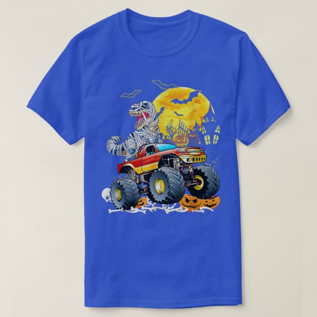 Funny T Rex Saurus Riding Monster Truck Happy Hall T-Shirt (Design Front)