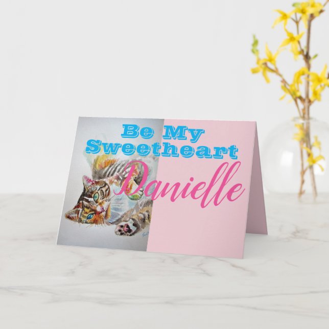 Funny Tabby Cat Be My Sweetheart Womans Name Card (Yellow Flower)