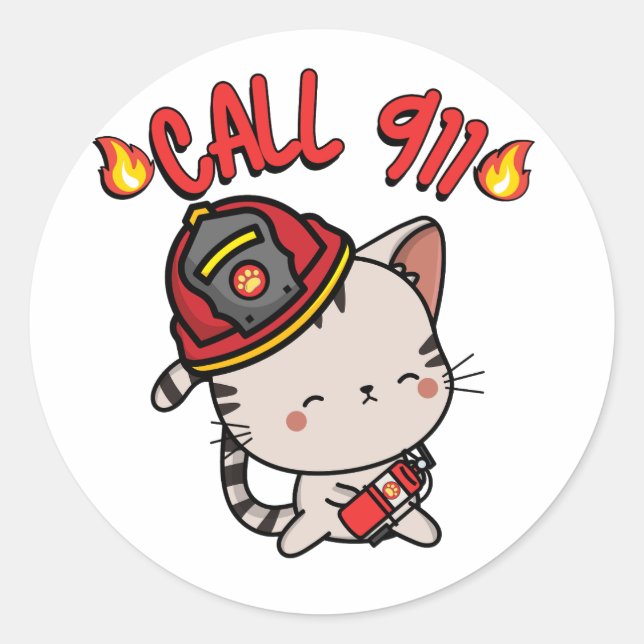 Funny tabby cat is a firefighter  classic round sticker (Front)