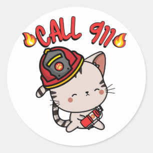Funny tabby cat is a firefighter classic round sticker
