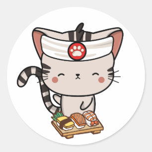 Funny tabby cat is a sushi chef classic round sticker
