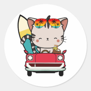 Funny Tabby cat is driving to the beach Classic Round Sticker