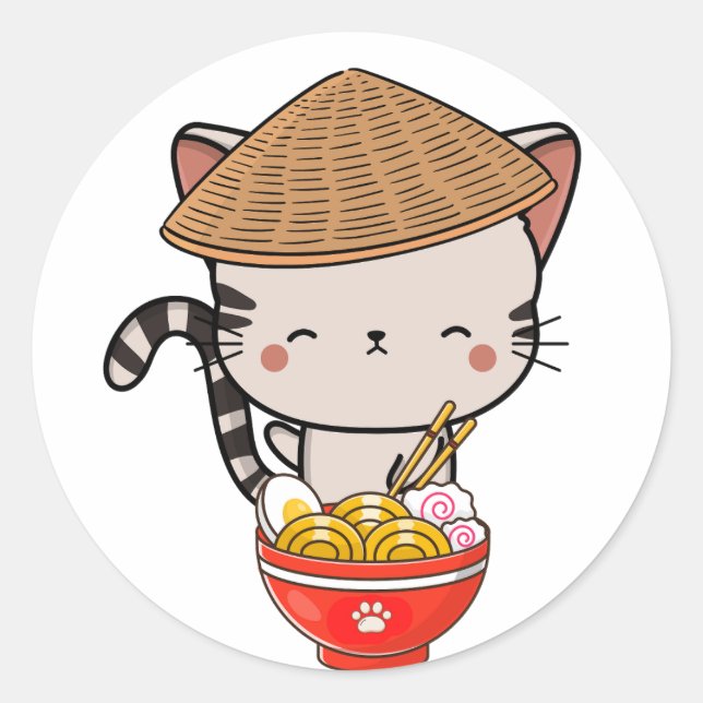 Funny tabby cat is eating noodles classic round sticker (Front)
