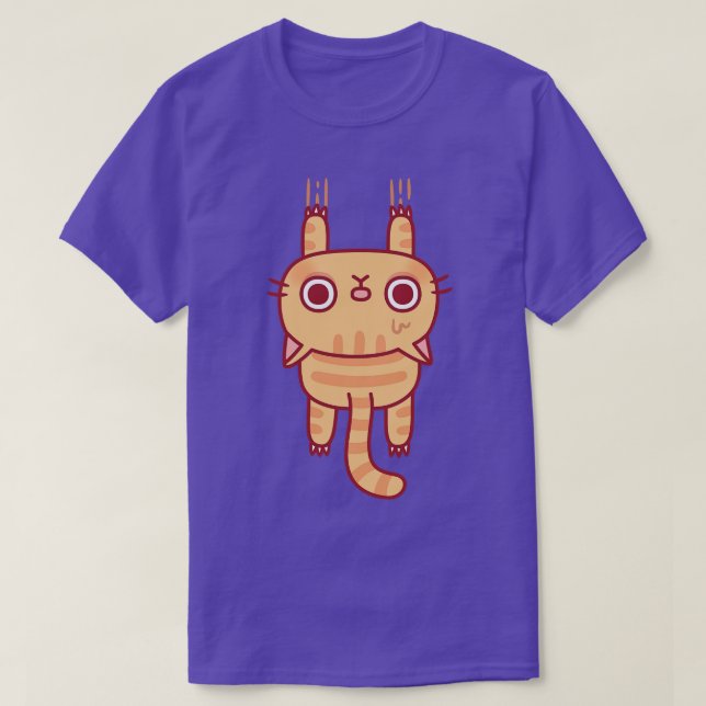 Funny Tabby Cat Using Claws To Hang On T-Shirt (Design Front)