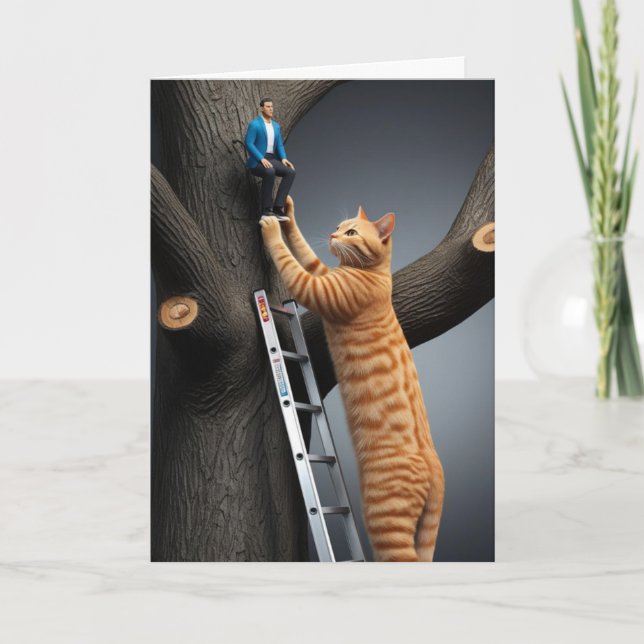 Funny Tabby Tree Rescue Greeting Card (Front)