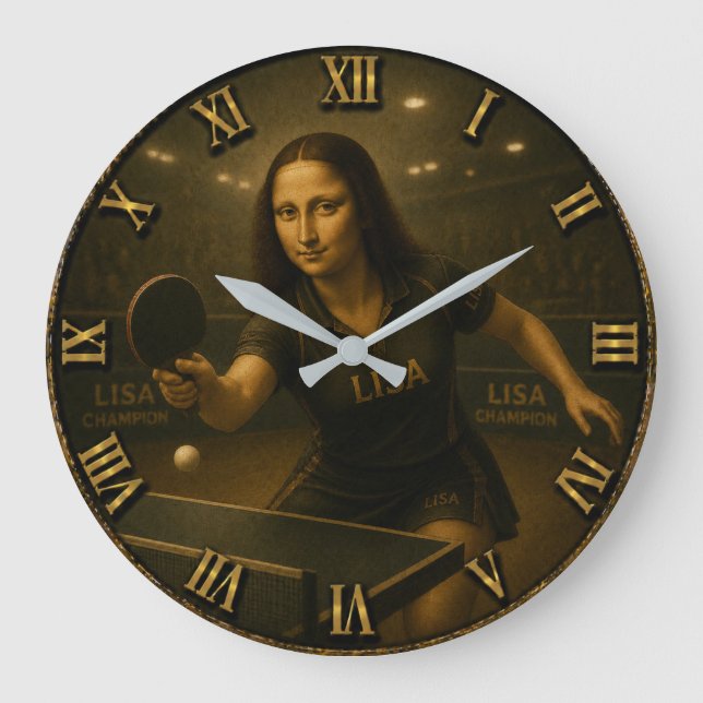 Funny Table Tennis Mona Lisa Ping Pong Art Decor Large Clock (Front)