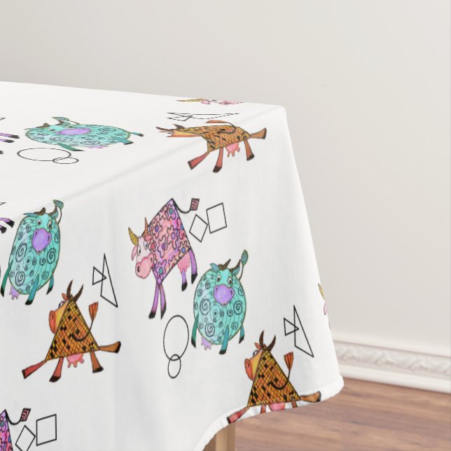 Funny Tablecloth with Colourful Geometric Cows (In Situ)