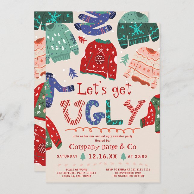 Funny tacky ugly sweater beige corporate Christmas Invitation (Front/Back)