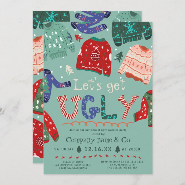 Funny tacky ugly sweater green corporate Christmas Invitation (Front/Back)