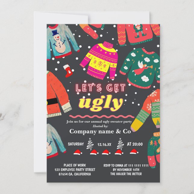 Funny tacky ugly sweater grey corporate Christmas  Invitation (Front)