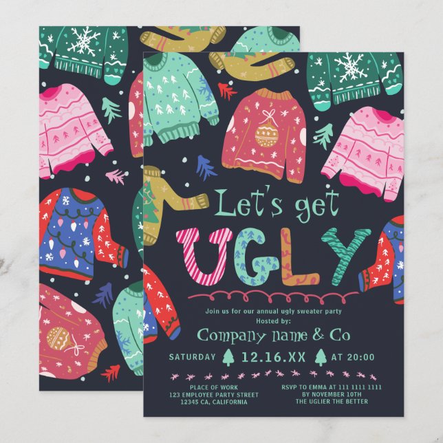 Funny tacky ugly sweater navy corporate Christmas Invitation (Front/Back)