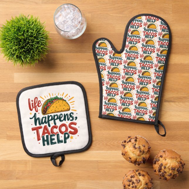 Funny Taco Lover Fiesta Foodie Humour Art White Oven Mitt & Pot Holder Set (Top Down)
