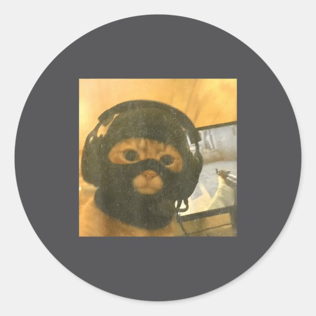 Funny Tactical Gamer Cat Meme Graphic  Classic Round Sticker (Front)