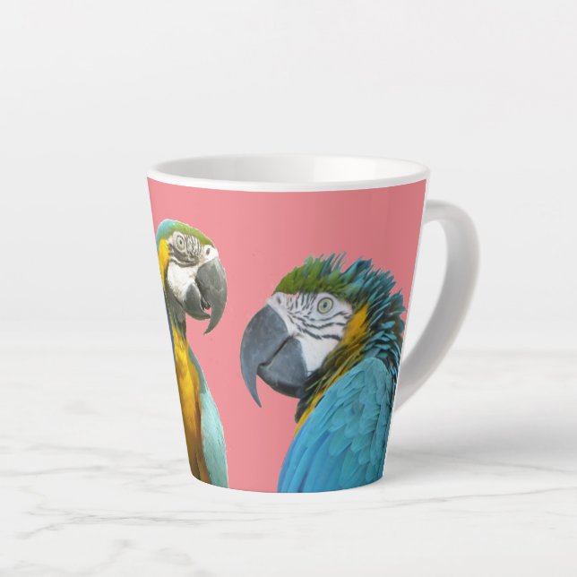 Funny Talking Parrots Cust. BG Pink Latte Mug (Right Angle)