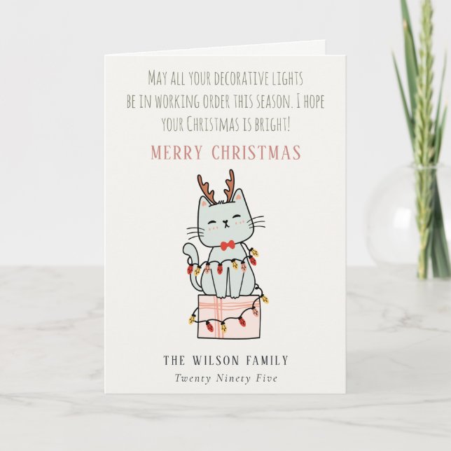 Funny Tangled Working Christmas Lights Cat Gift Holiday Card (Front)