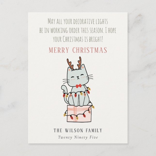 Funny Tangled Working Christmas Lights Cat Gift Holiday Postcard (Front)