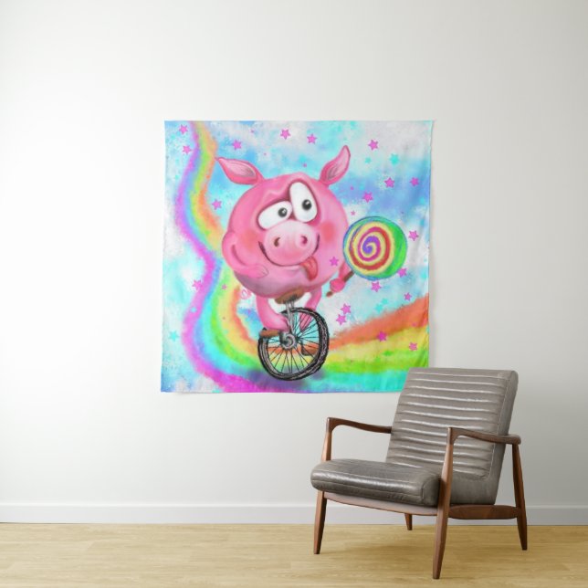 Funny Tapestry Acrobat Pig Cyclist with Lollipop (In Situ)