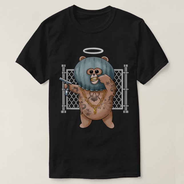 Funny Tattooed Gangster Bear  T-Shirt (Design Front)
