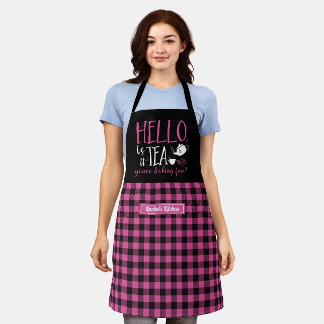 Funny Tea Lover Pun Black Pink Plaid Pattern Apron (Worn)