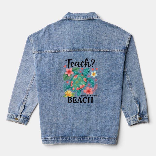 Funny Teacher Beach Summer Turtle Denim Jacket (Back)