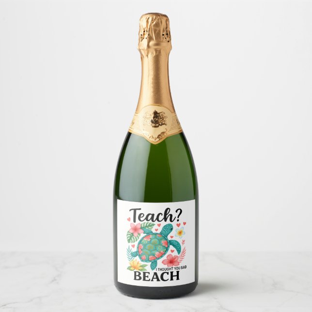 Funny Teacher Beach Summer Turtle Sparkling Wine Label (Front)