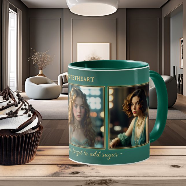 Funny Teal Art Deco Women Photo Mug (Funny photo mug featuring 3 art deco style women (or your own photos) framed by a teal green design)