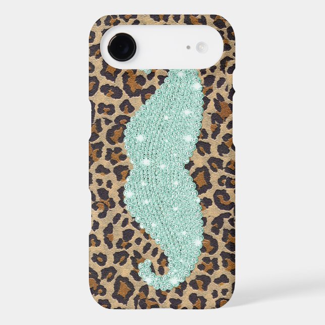 Funny Teal Green Bling Moustache And Animal Print Case-Mate iPhone Case (Back)