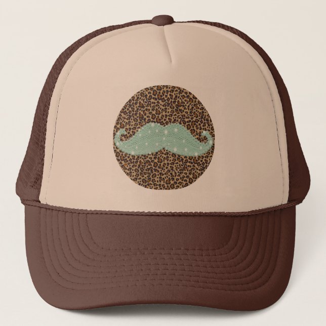 Funny Teal Green Bling Moustache And Animal Print Trucker Hat (Front)