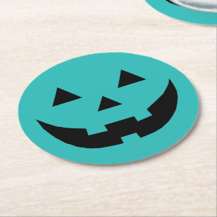 Funny teal Jack o lantern pumpkin face Halloween Round Paper Coaster