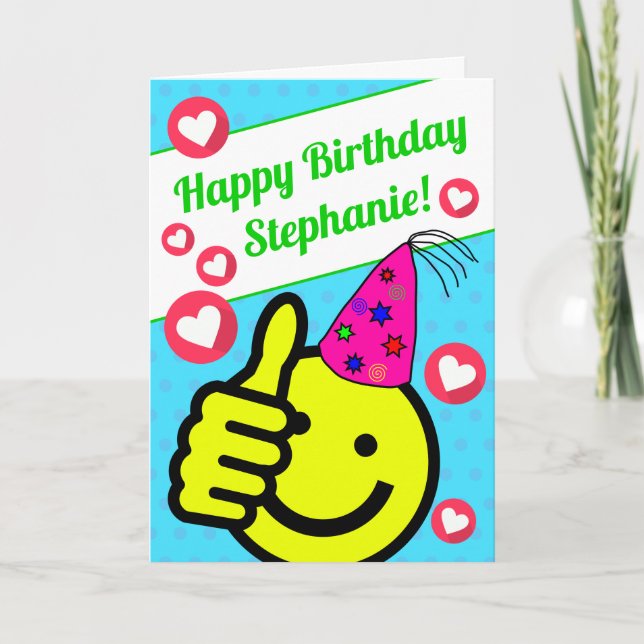 Funny Teal Smile Face Your Name Happy Birthday Card (Front)