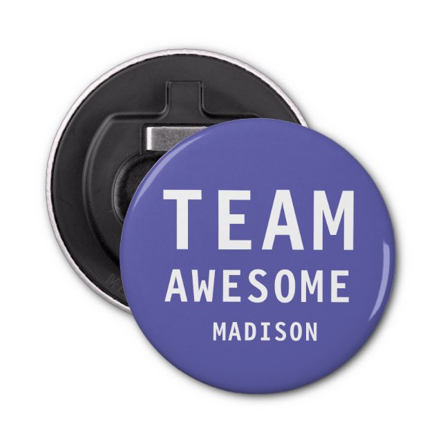 Funny Team Awesome Purple Personalised Name Bottle Opener (Front)