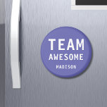 Funny Team Awesome Purple Personalised Name Magnet<br><div class="desc">Funny Team Awesome Purple Personalised Name Magnets features the text "Team Awesome" with your personalised name below on a purple background. Personalise by editing the text in the text box provided. Designed for you by ©Evco Studio www.zazzle.com/store/evcostudio</div>