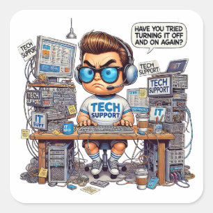 Funny Tech Support Cartoon Square Sticker
