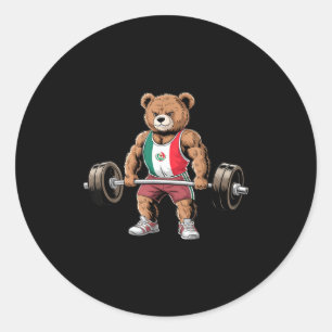 Funny teddy bear mexican flag lifting weights gym classic round sticker