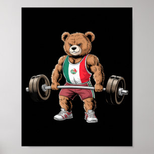 Funny teddy bear mexican flag lifting weights gym poster