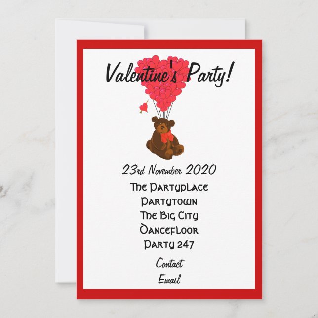 Funny teddy bear valentines party invitation (Front)