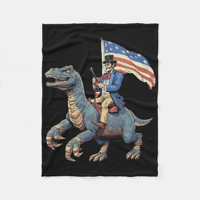 Funny Tee Abe Lincoln Riding A Dinosaur T-rex 4th  Fleece Blanket (Front)