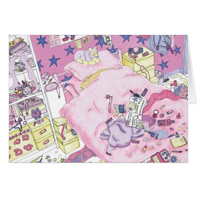 Funny Teenager Girls Messy Bedroom Cute Pink Art (Front Horizontal)