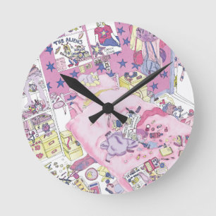 Funny Teenager Girls Messy Bedroom Cute Pink Art Round Clock