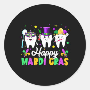Funny Teeth Happy Mardi Gras Dental Squad Dentist  Classic Round Sticker