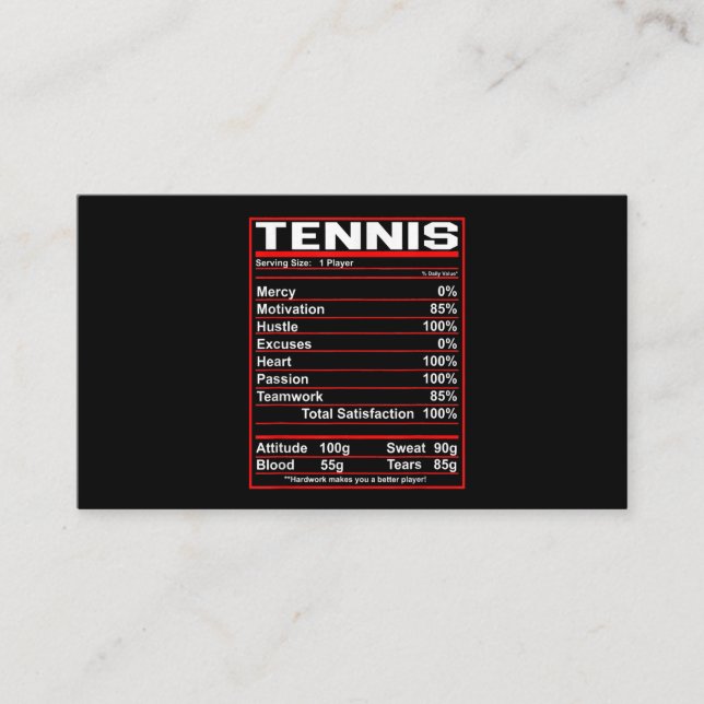 Funny Tennis Nutrition Facts Women Men Business Card (Front)