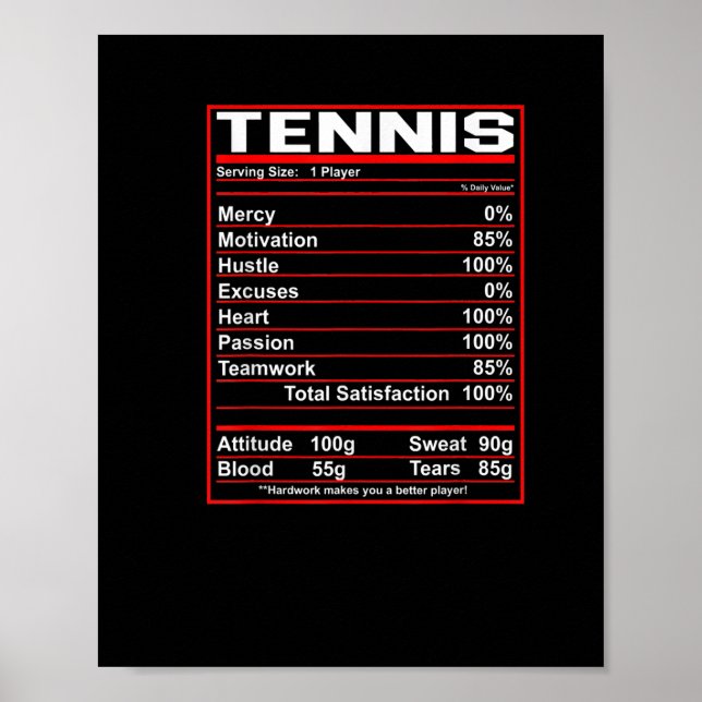Funny Tennis Nutrition Facts Women Men Poster (Front)