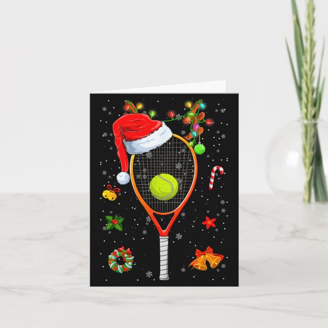 Funny Tennis Racket Reindeer Santa Hat Christmas L Card (Front)