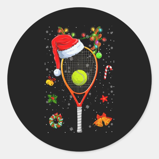 Funny Tennis Racket Reindeer Santa Hat Christmas L Classic Round Sticker (Front)