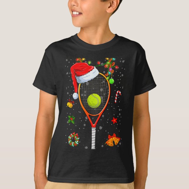 Funny Tennis Racket Reindeer Santa Hat Christmas L T-Shirt (Front)